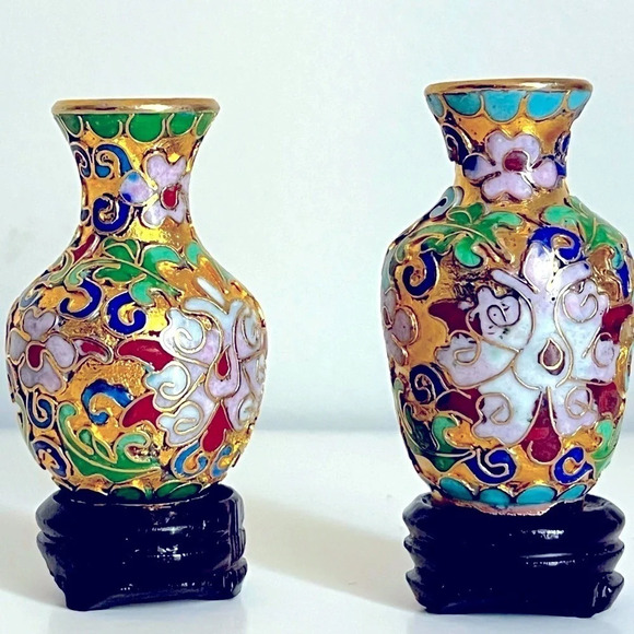 Vintage Cloisonne Style Gold Tone Floral Mini Vases Bases Excellent Condition - Picture 2 of 11